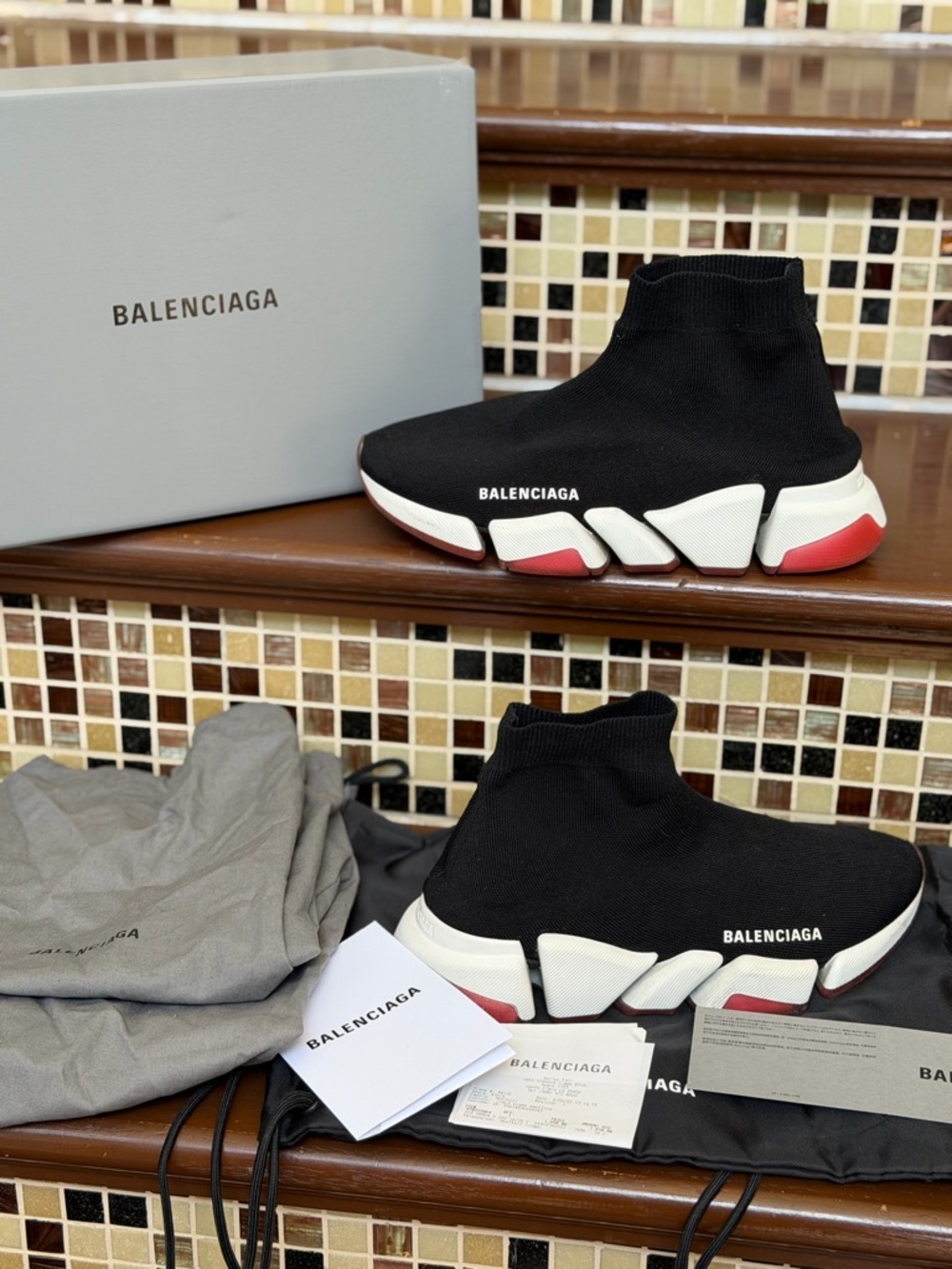 Balenciaga Black Knit Sock Sneakers with White and Red Soles